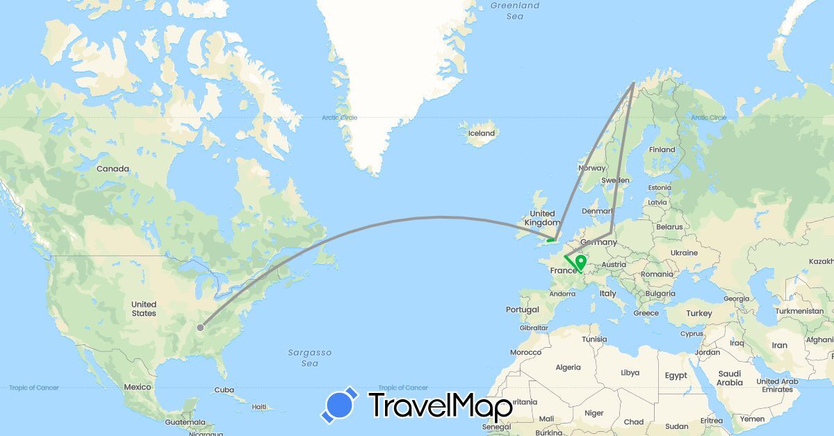 TravelMap itinerary: driving, bus, plane in Switzerland, Germany, France, United Kingdom, Norway, United States (Europe, North America)